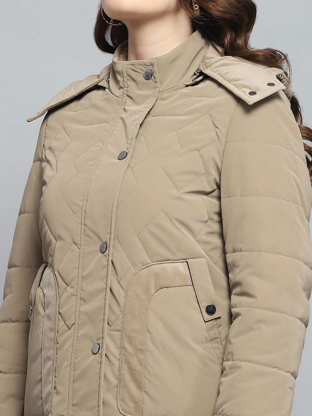 Women Khaki Solid Detachable Hood Full Sleeve Jacket - Image 8