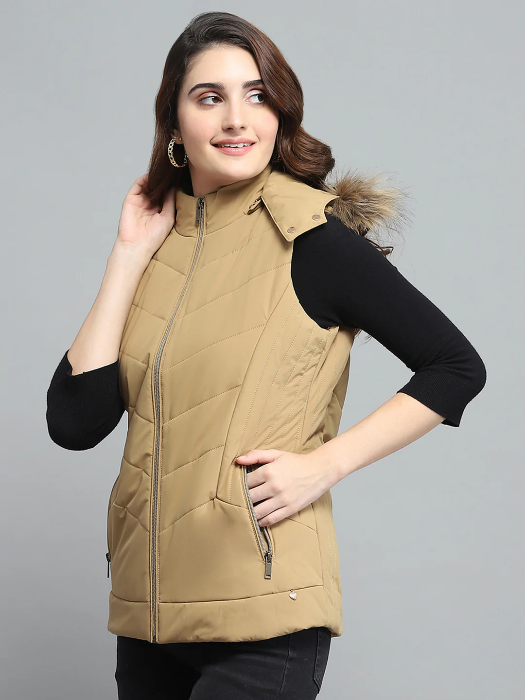 Women Khaki Solid Detachable Hood Sleeveless Jacket - Image 3