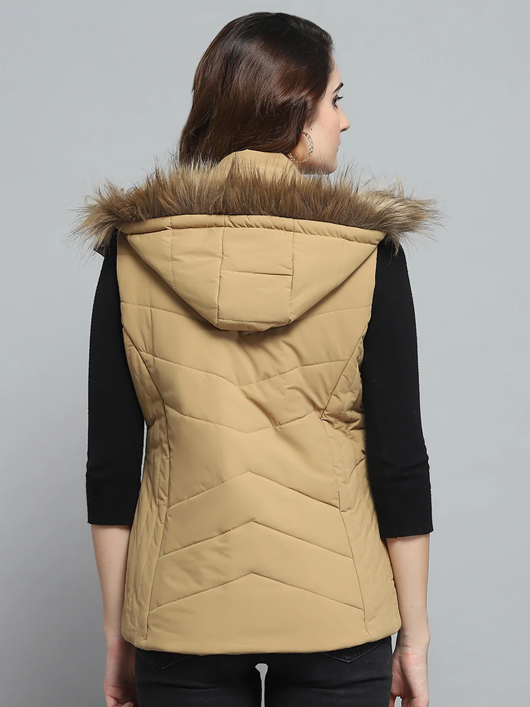 Women Khaki Solid Detachable Hood Sleeveless Jacket - Image 5