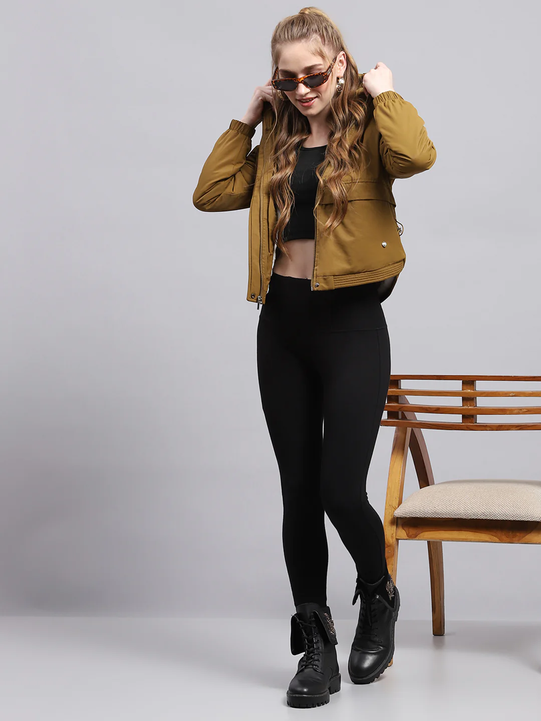 Women Khaki Solid Hooded Full Sleeve Jacket - Image 2