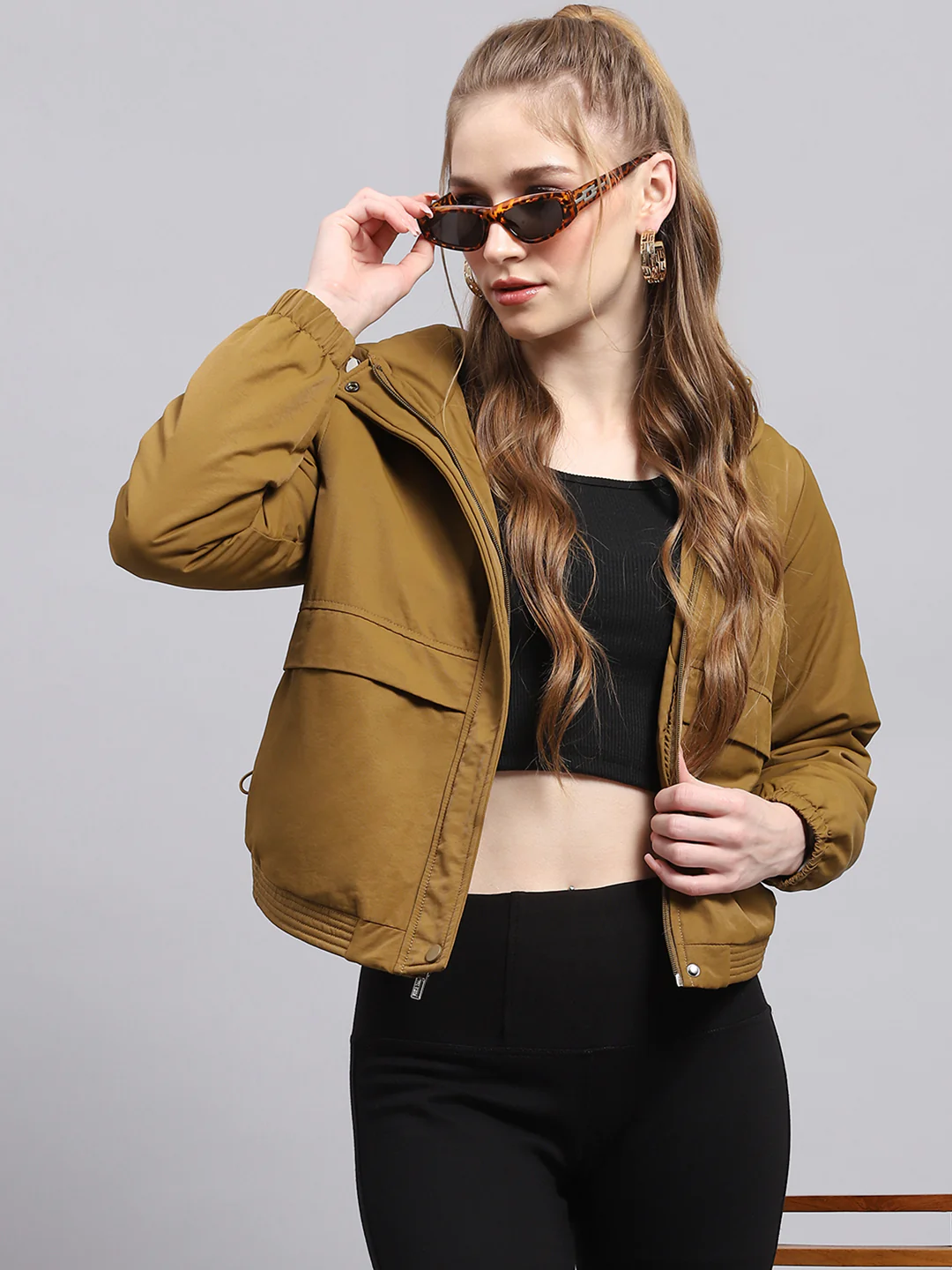 Women Khaki Solid Hooded Full Sleeve Jacket - Image 6