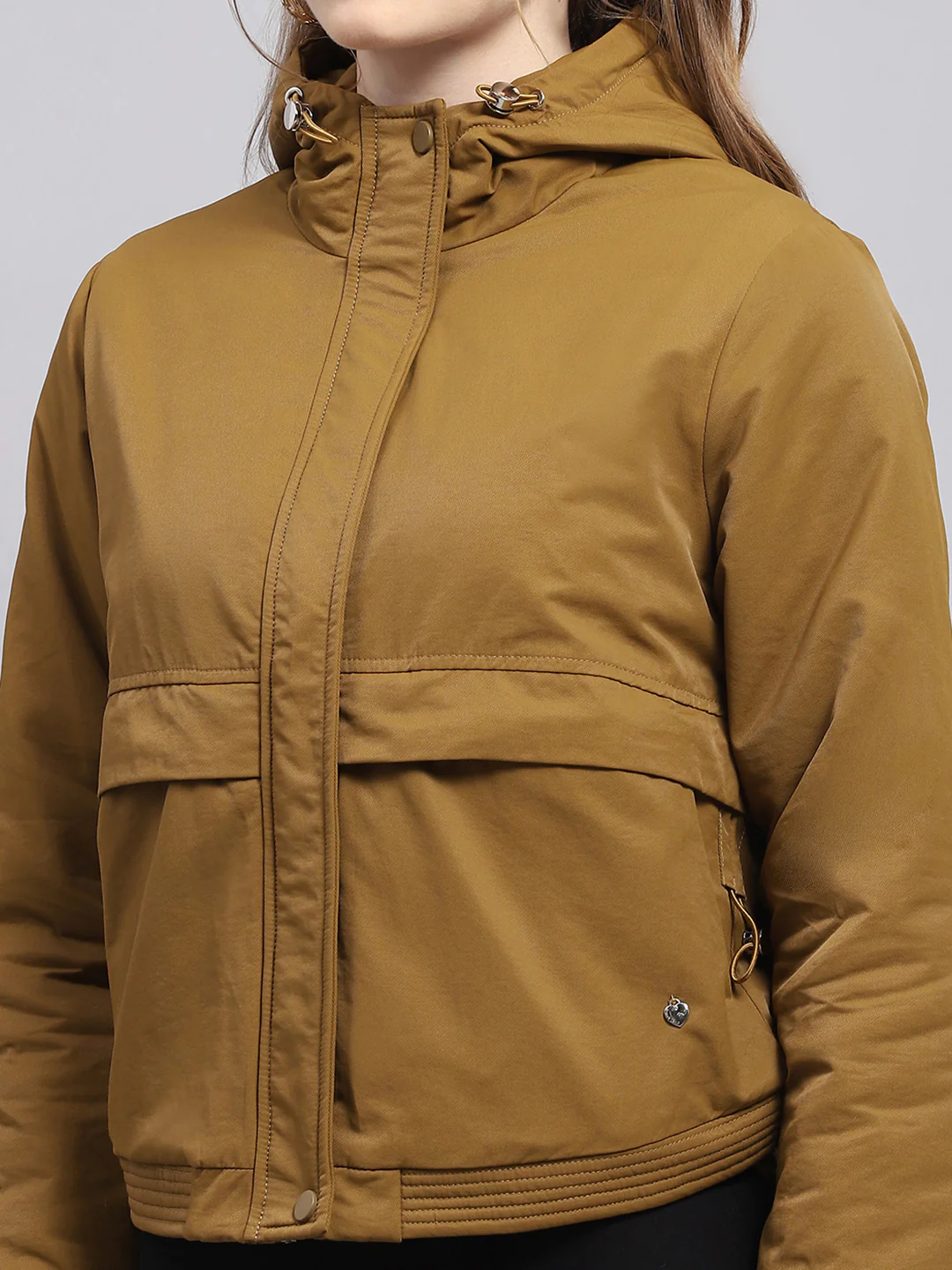 Women Khaki Solid Hooded Full Sleeve Jacket - Image 8