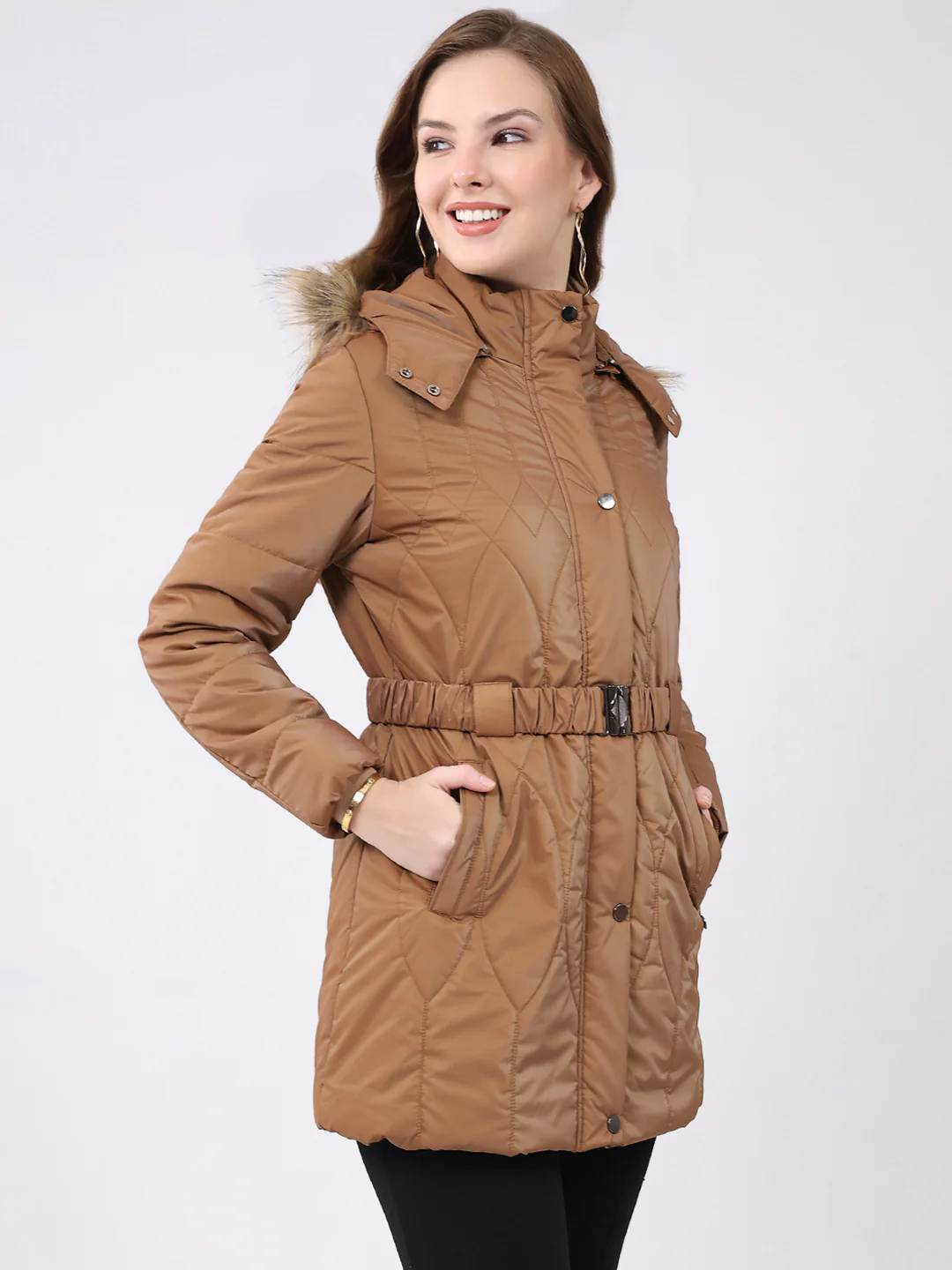 Women Khaki Solid Hooded Full Sleeve Jacket - Image 4