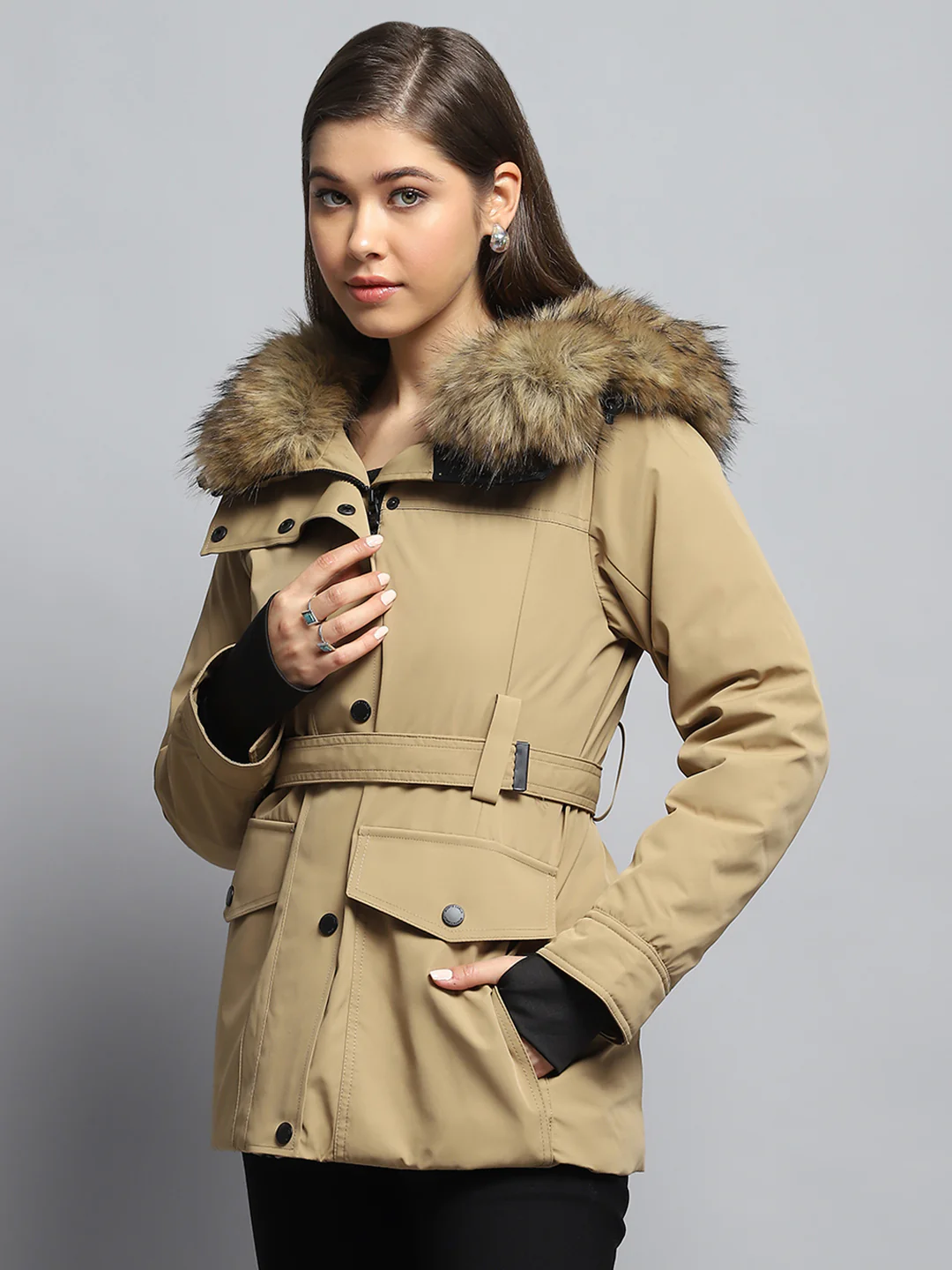 Women Khaki Solid Hooded Full Sleeve Jacket - Image 3