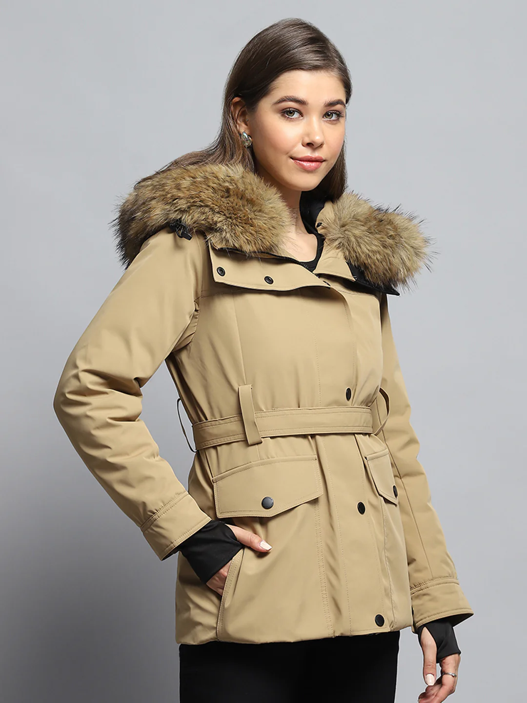 Women Khaki Solid Hooded Full Sleeve Jacket - Image 4