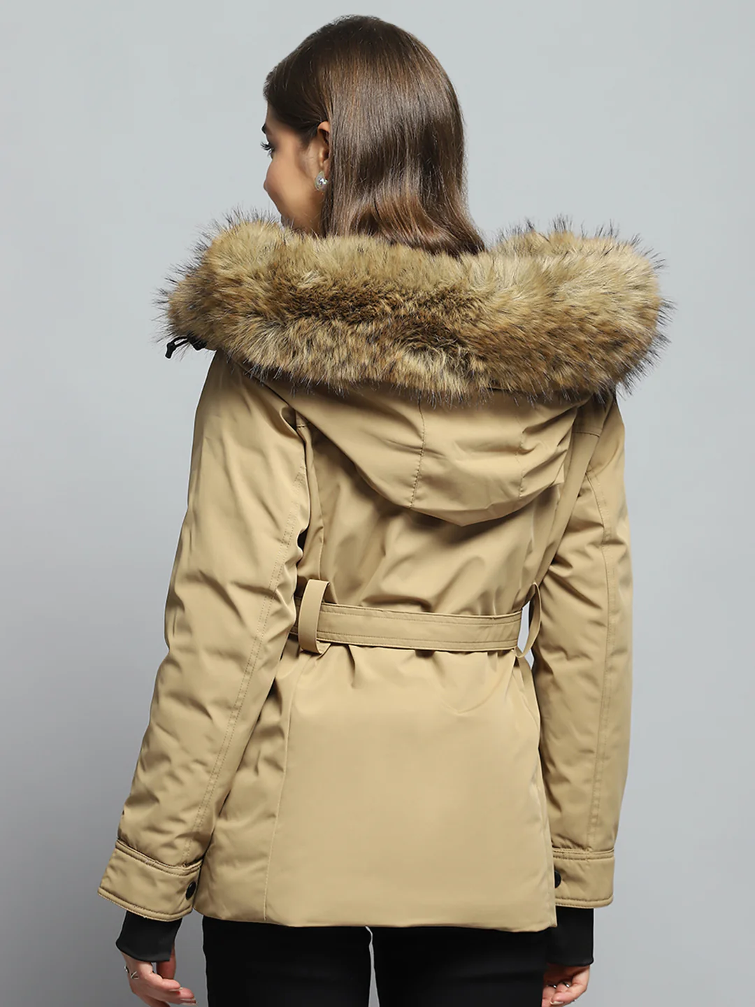 Women Khaki Solid Hooded Full Sleeve Jacket - Image 5