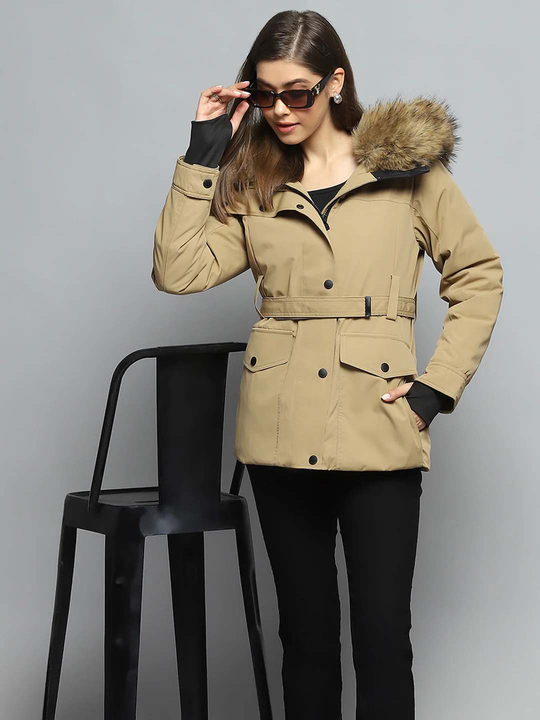 Women Khaki Solid Hooded Full Sleeve Jacket - Image 6