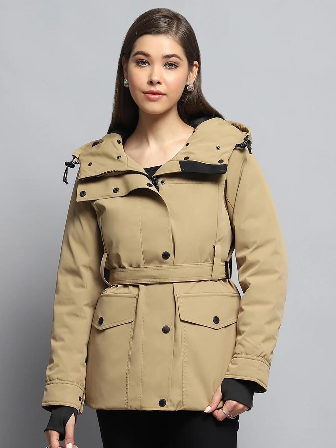 Women Khaki Solid Hooded Full Sleeve Jacket - Image 7