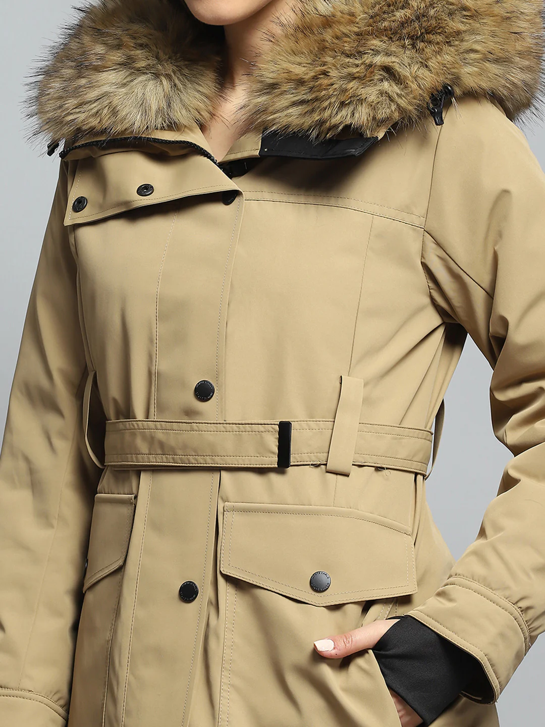 Women Khaki Solid Hooded Full Sleeve Jacket - Image 8