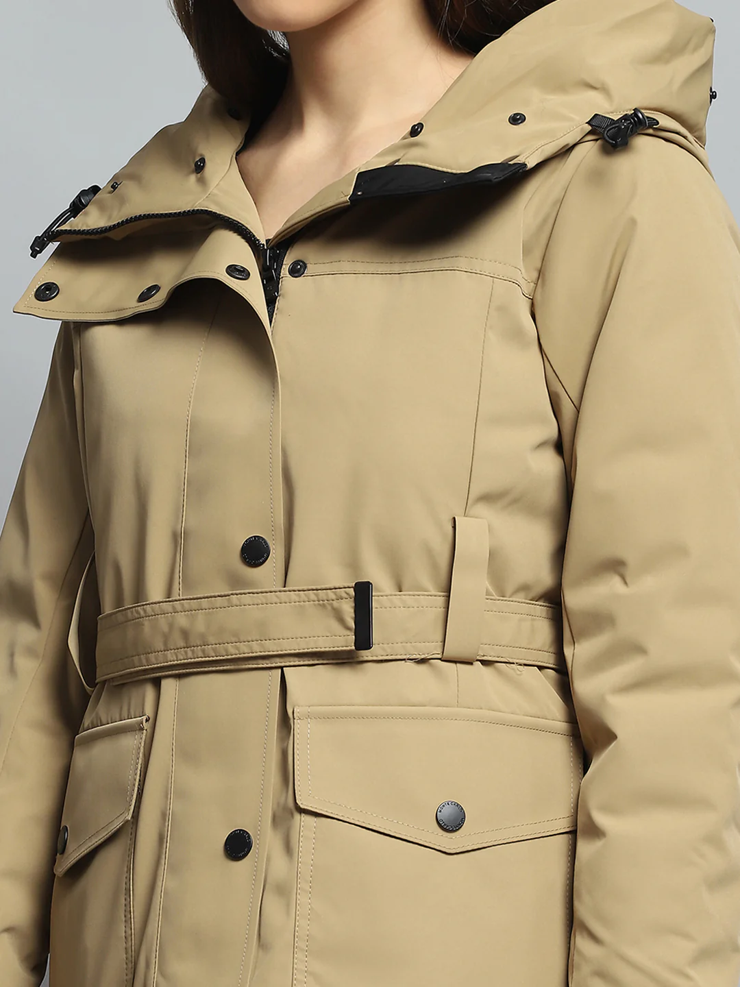 Women Khaki Solid Hooded Full Sleeve Jacket - Image 9