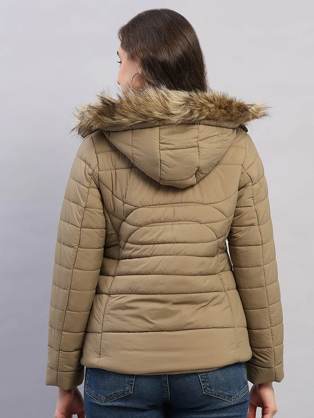 Women Khaki Solid Hooded Full Sleeve Jacket - Image 5