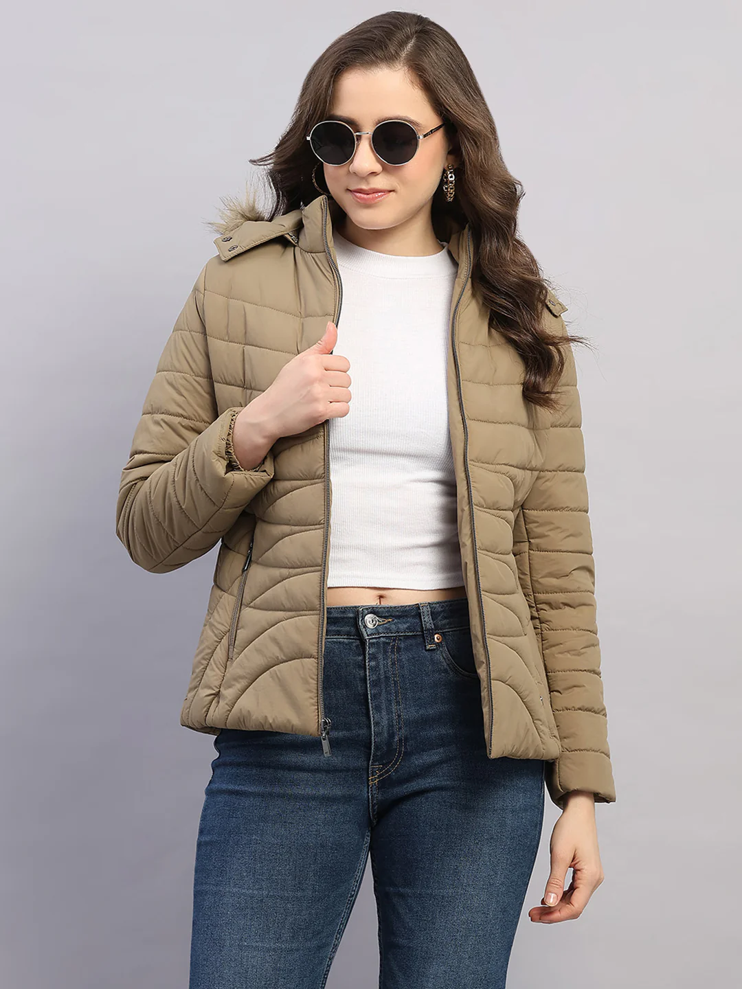 Women Khaki Solid Hooded Full Sleeve Jacket - Image 6