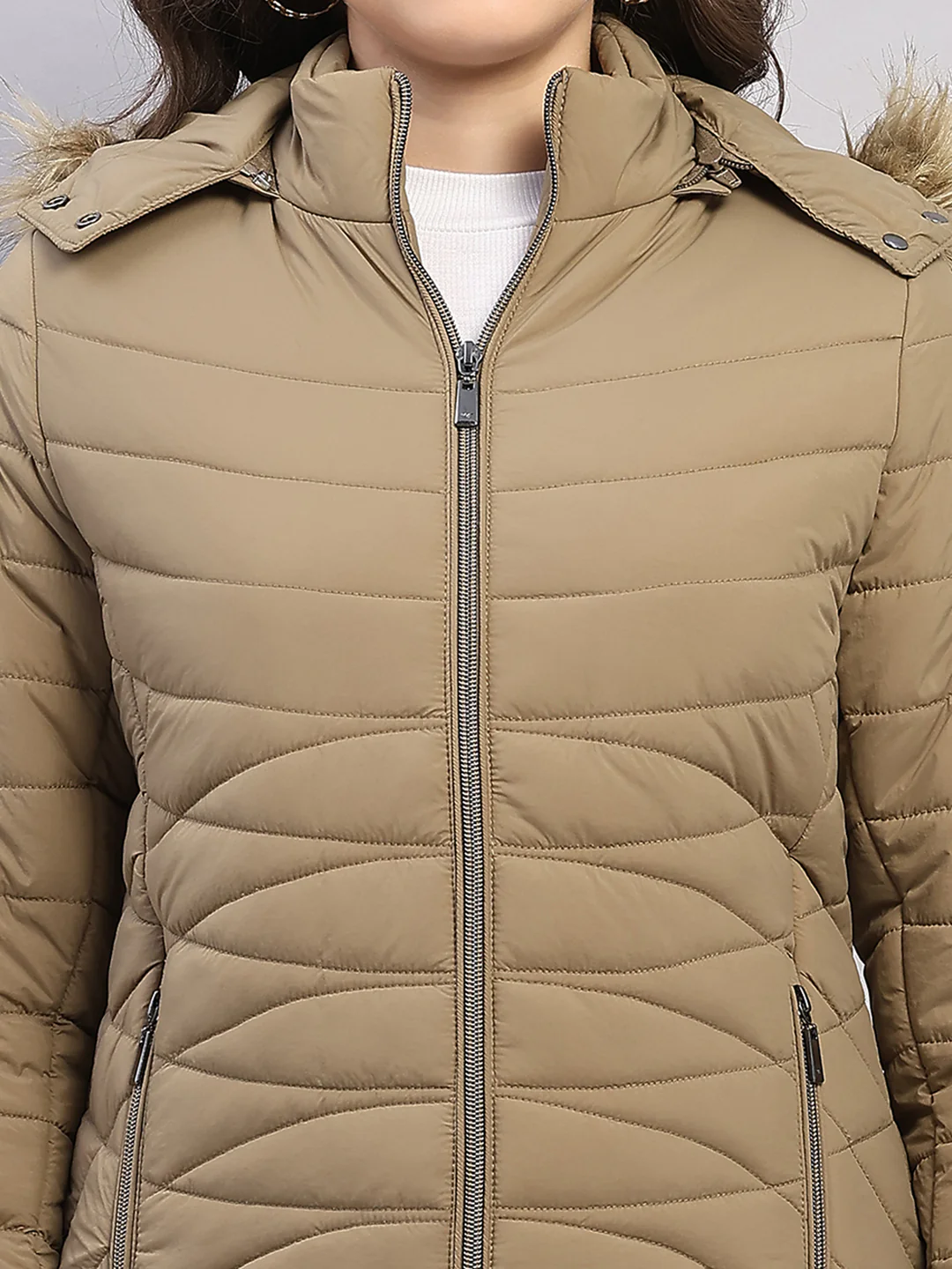 Women Khaki Solid Hooded Full Sleeve Jacket - Image 7