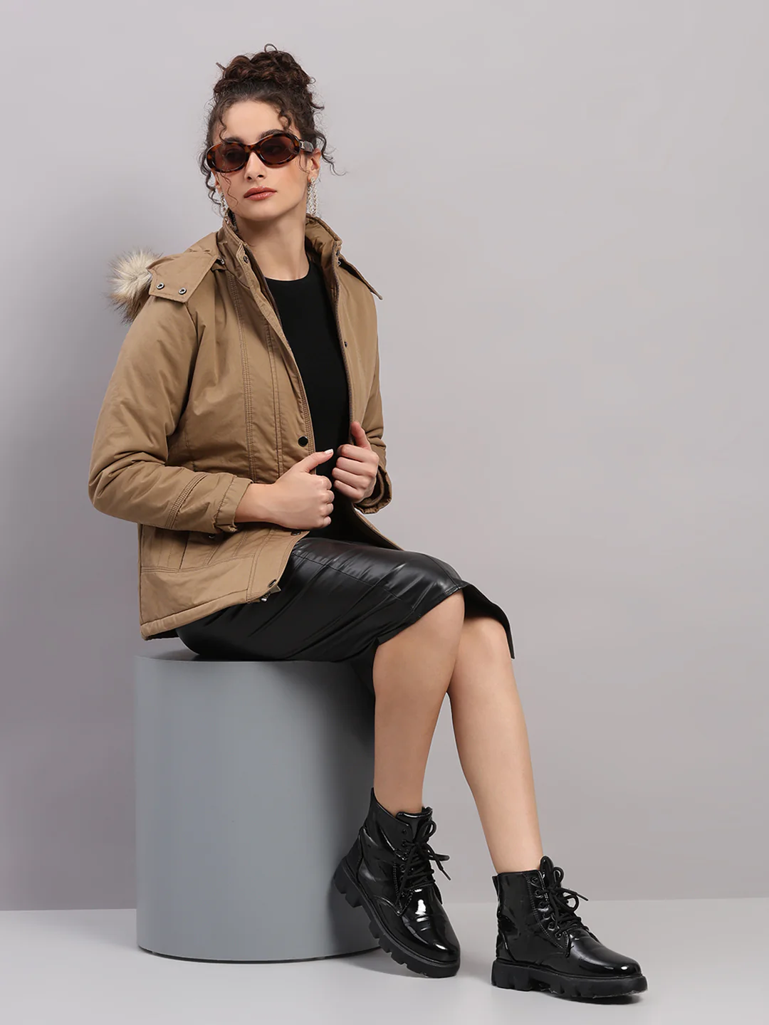 Women Khaki Solid Hooded Full Sleeve Jacket - Image 2