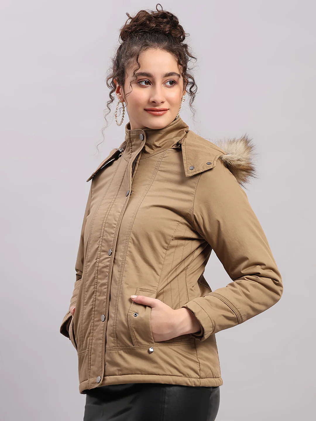 Women Khaki Solid Hooded Full Sleeve Jacket - Image 3