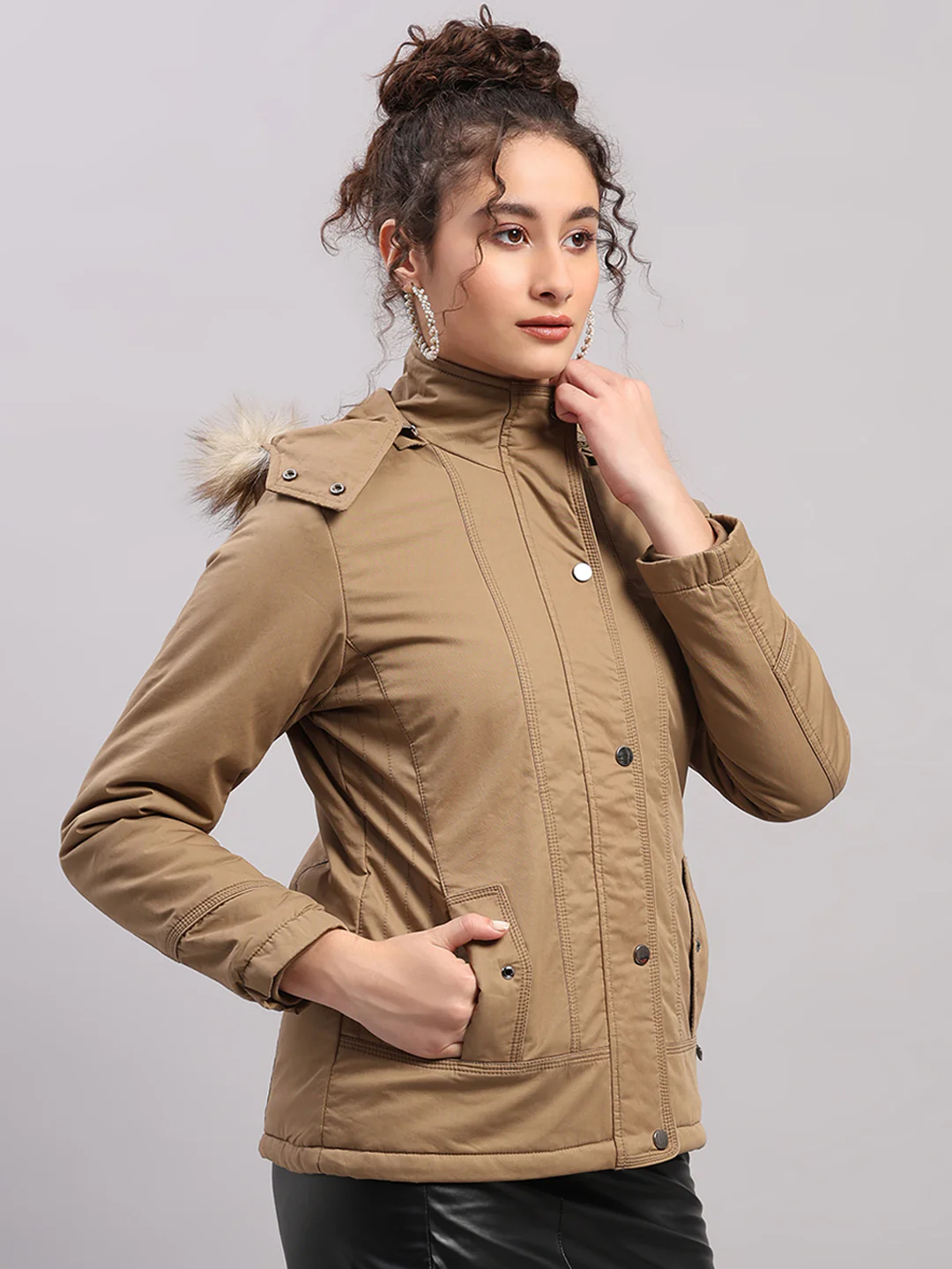 Women Khaki Solid Hooded Full Sleeve Jacket - Image 4
