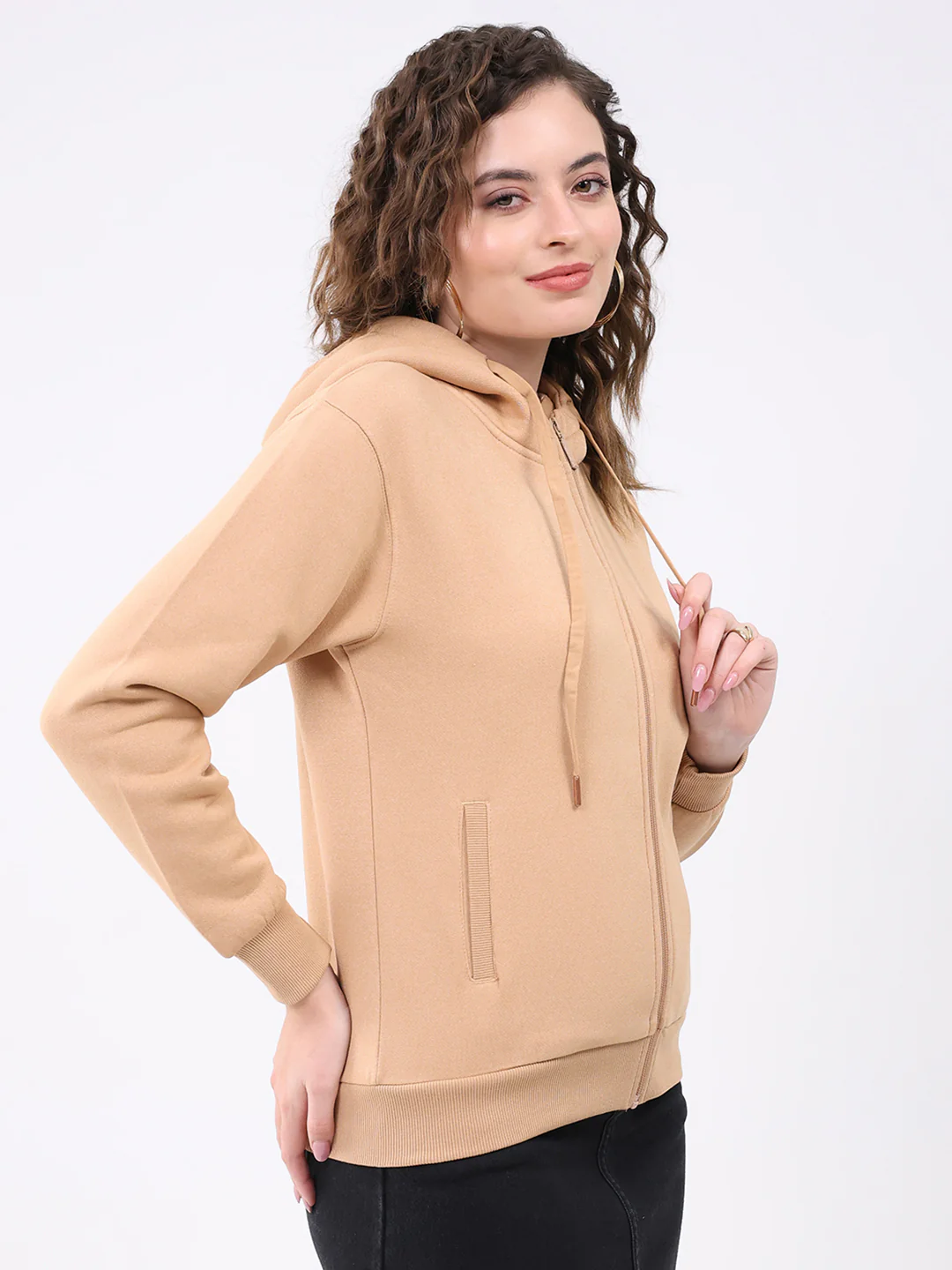 Women Khaki Solid Hooded Full Sleeve Sweatshirt - Image 4