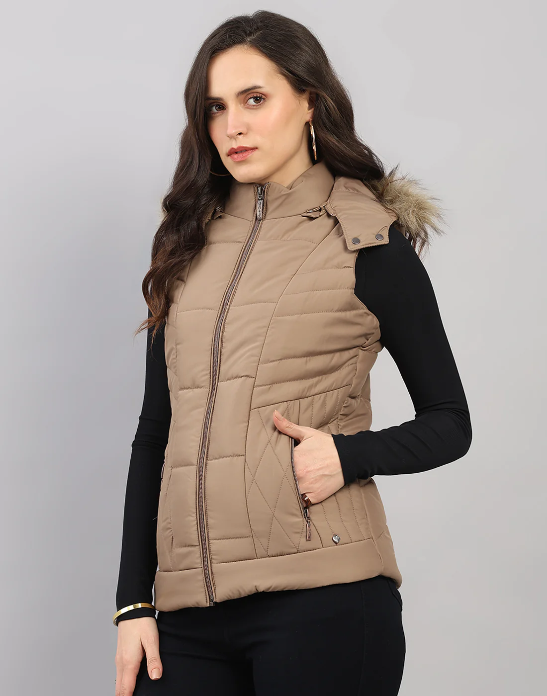 Women Khaki Solid Hooded Sleeveless Jacket - Image 2