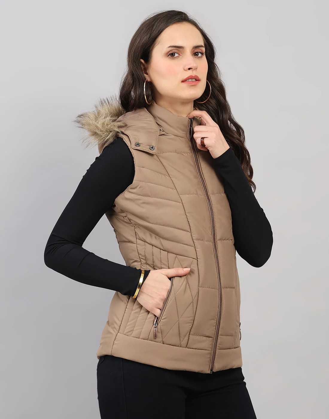 Women Khaki Solid Hooded Sleeveless Jacket - Image 3
