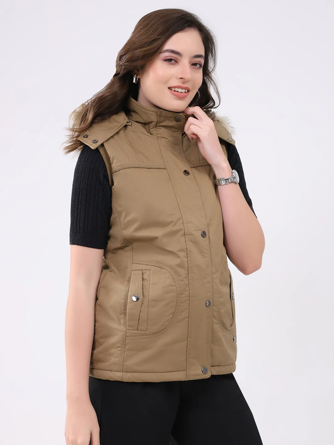 Women Khaki Solid Hooded Sleeveless Jacket - Image 4