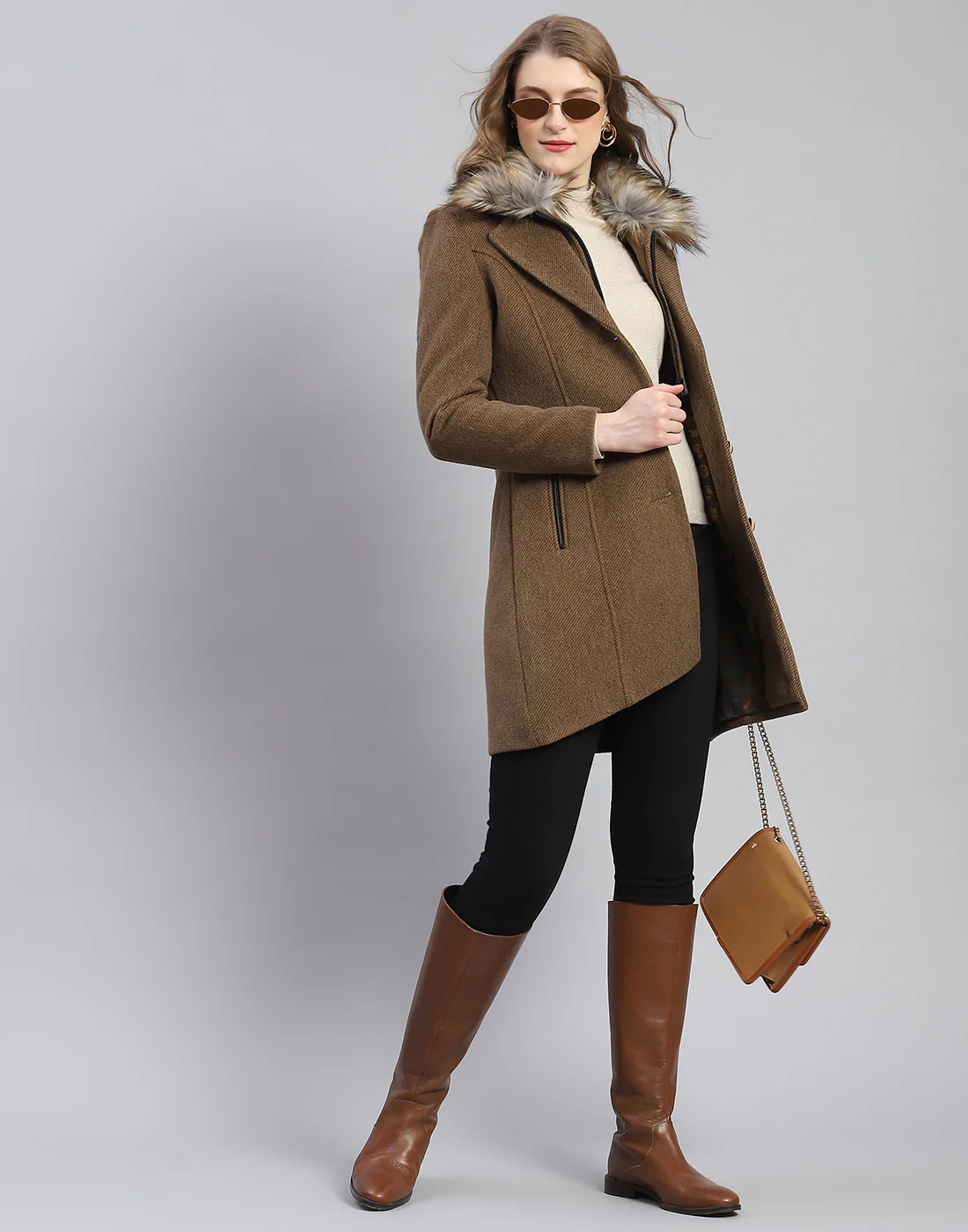 Women Khaki Solid Lapel Collar Full Sleeve Coat - Image 2