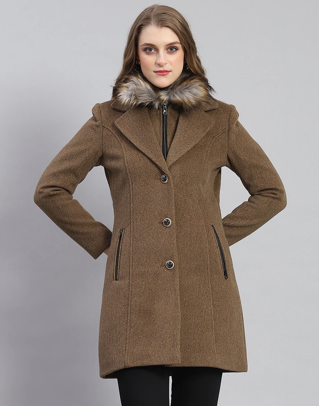 Women Khaki Solid Lapel Collar Full Sleeve Coat - Image 3