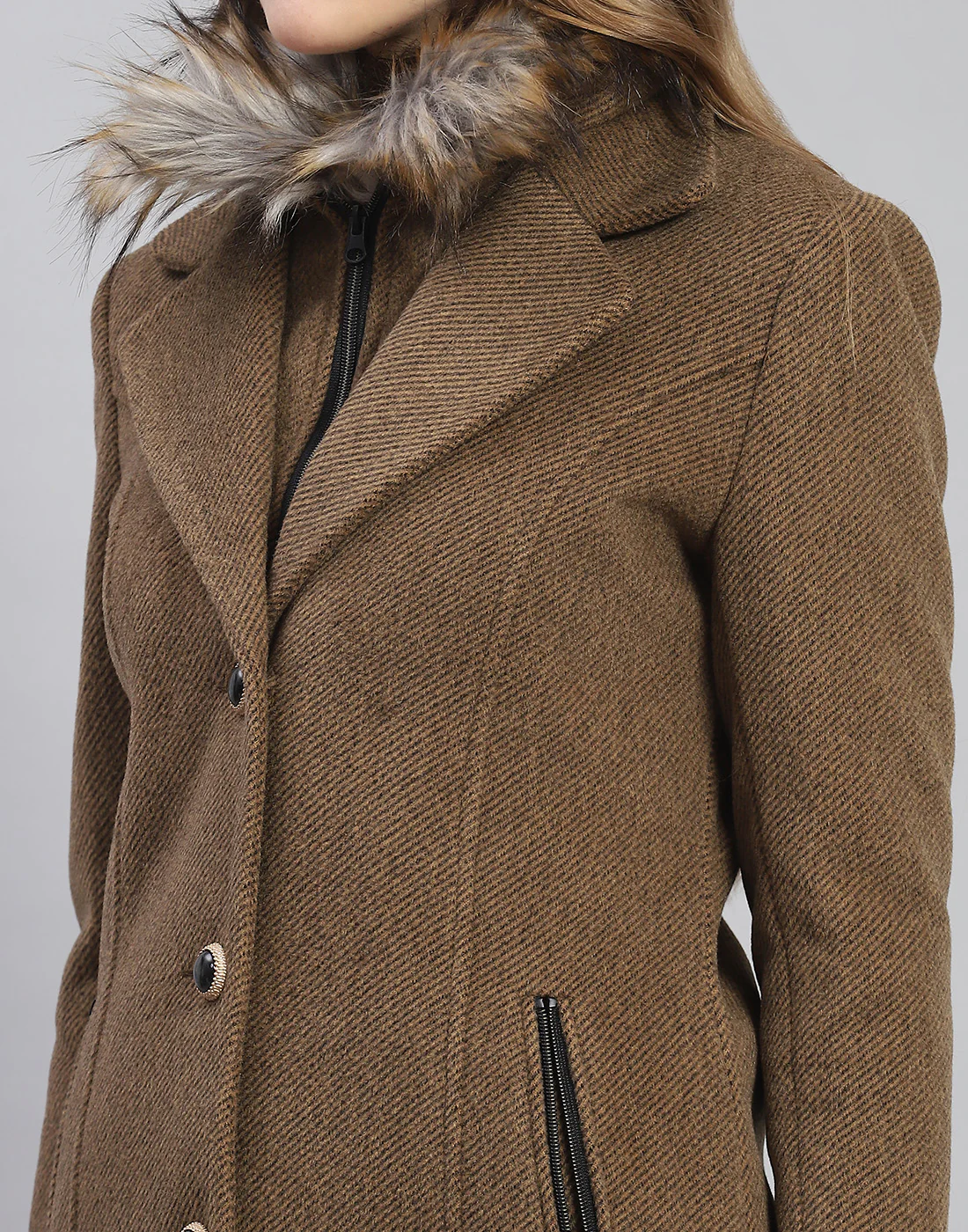 Women Khaki Solid Lapel Collar Full Sleeve Coat - Image 7