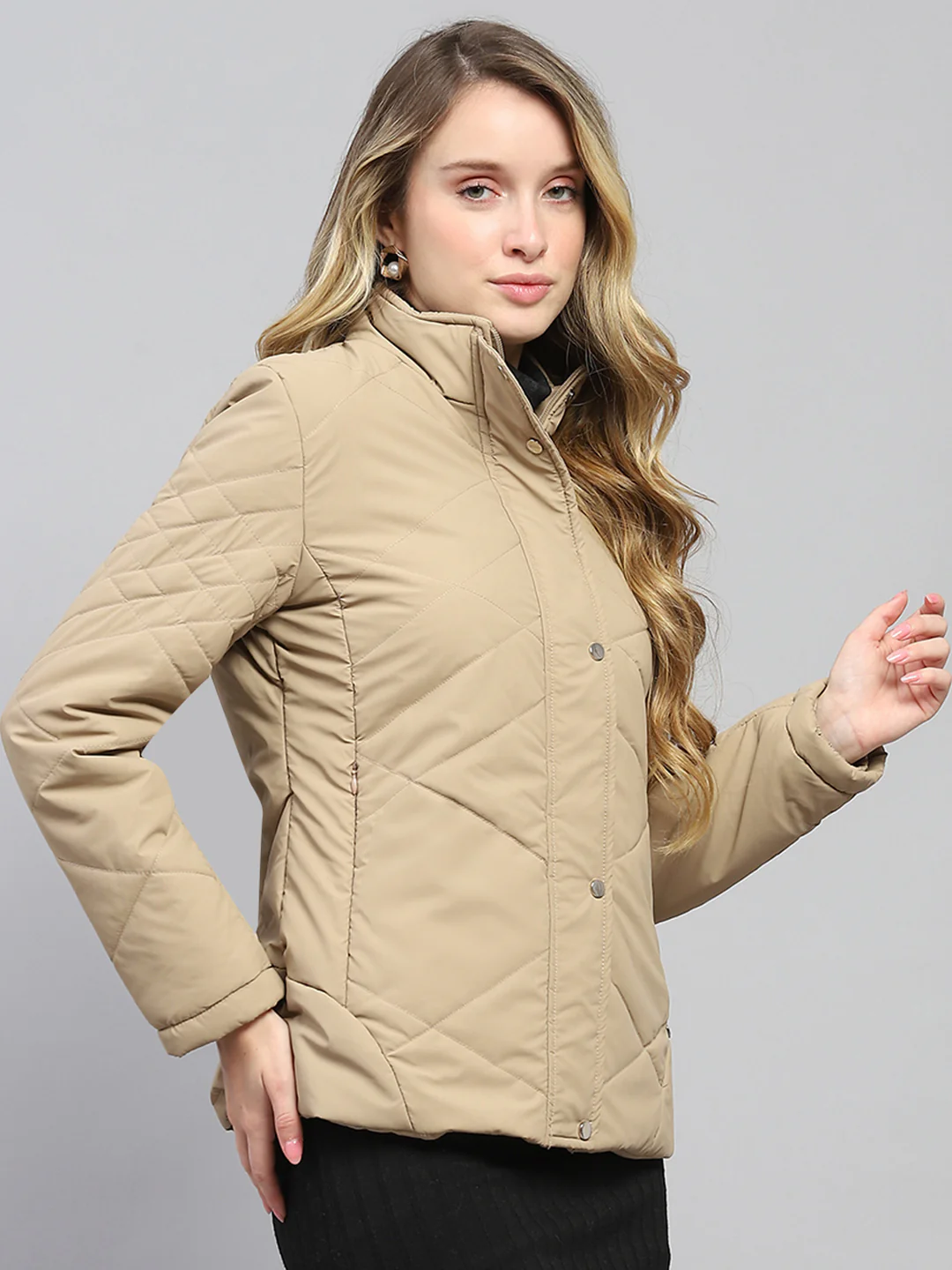 Women Khaki Solid Mock Neck Full Sleeve Jacket - Image 4