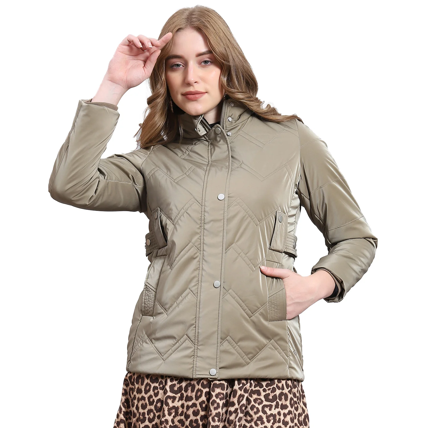 Women Khaki Solid Stand Collar Full Sleeve Jacket - Image 5