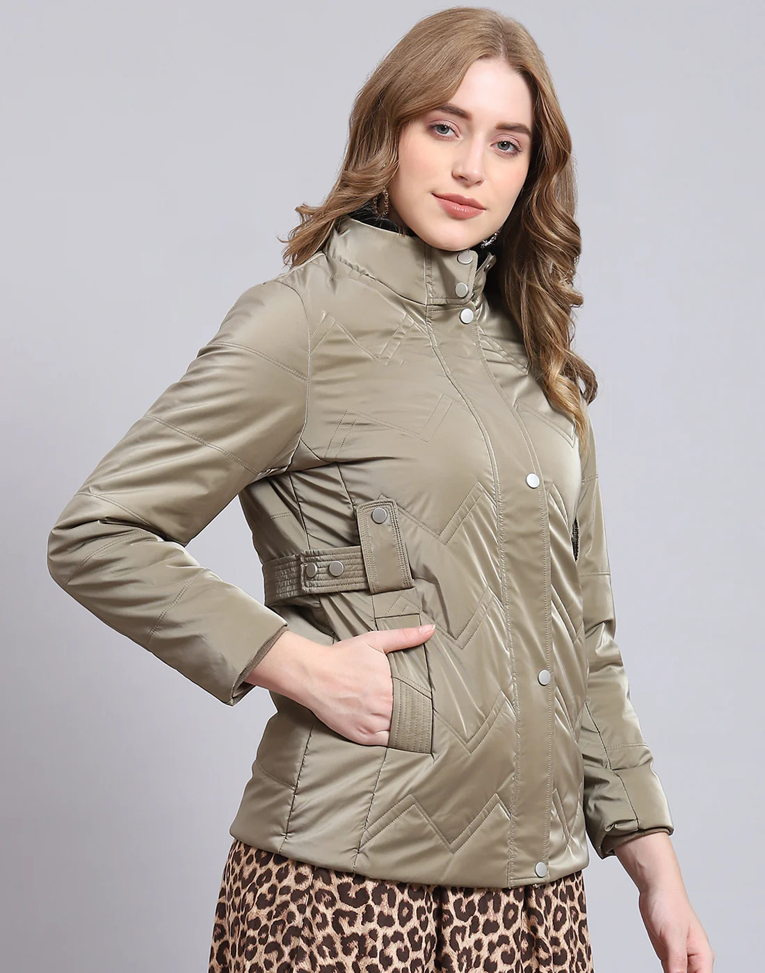 Women Khaki Solid Stand Collar Full Sleeve Jacket - Image 6