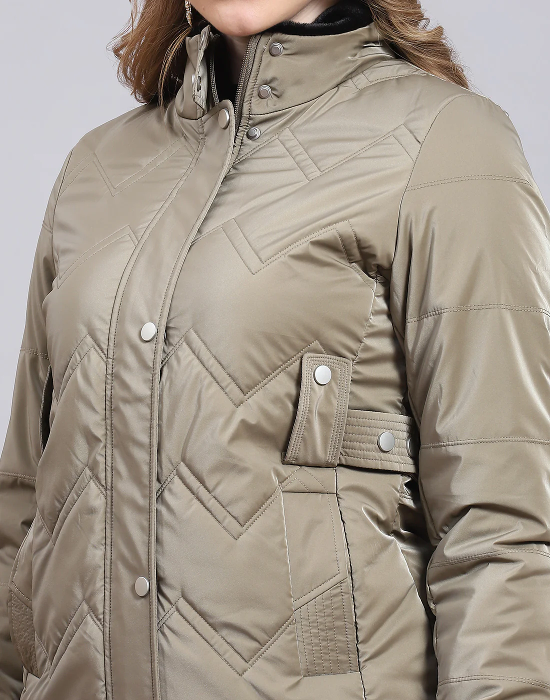 Women Khaki Solid Stand Collar Full Sleeve Jacket - Image 8