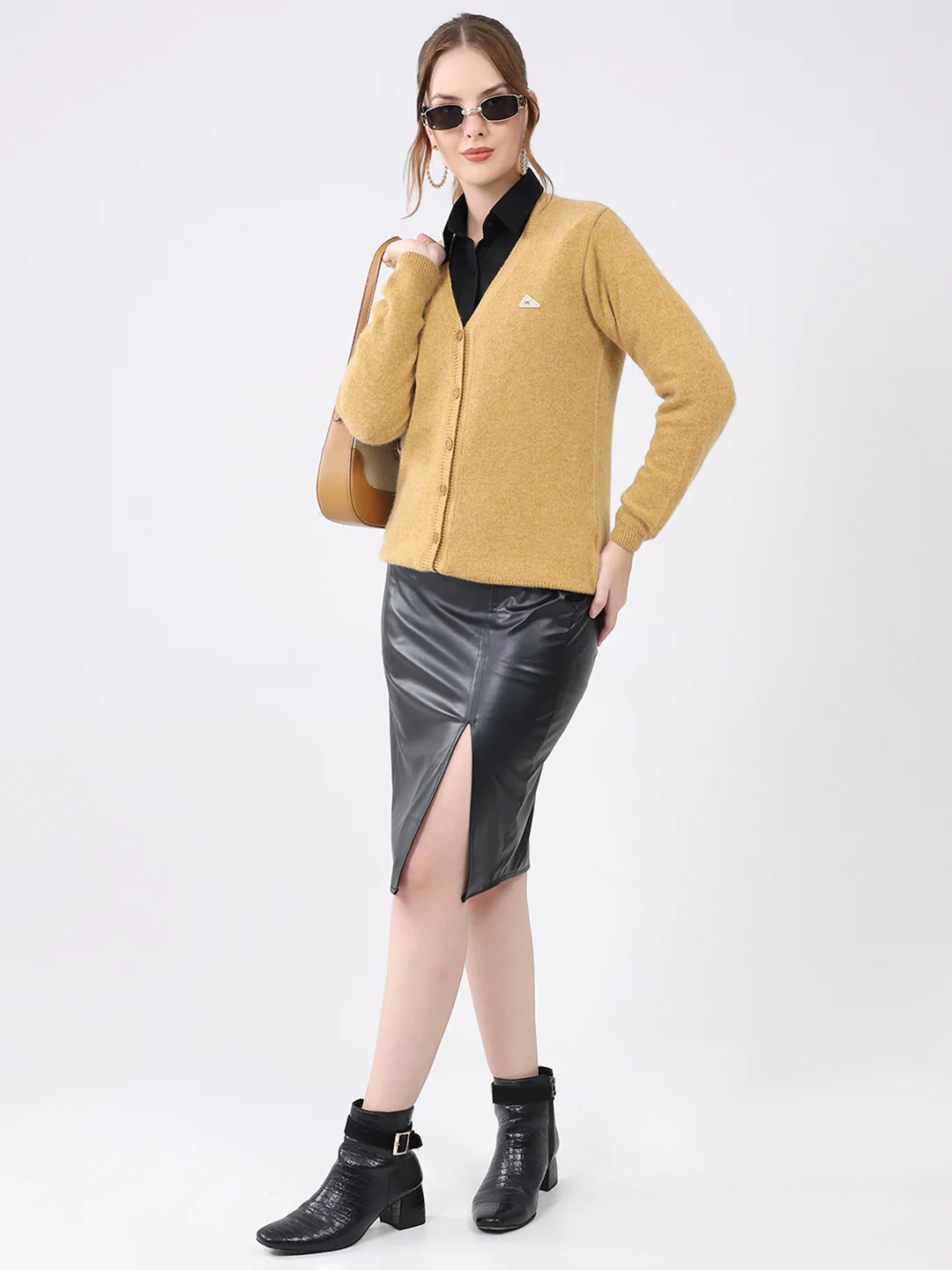 Women Khaki Solid V Neck Full Sleeve Cardigan - Image 2