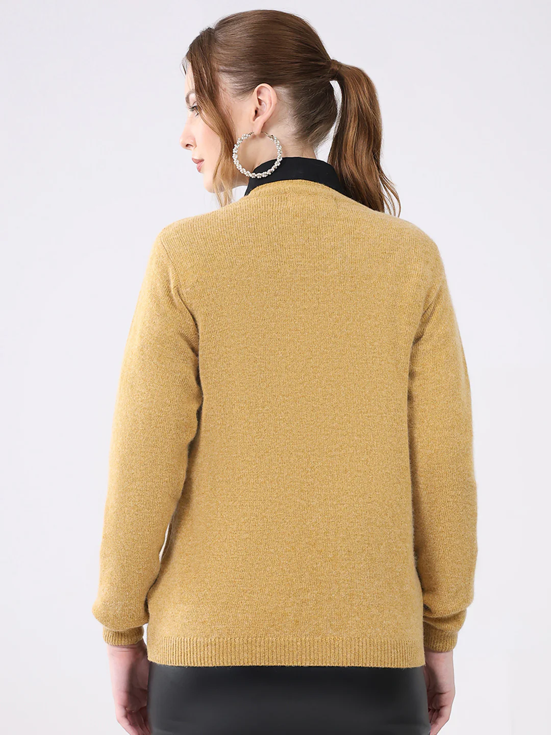 Women Khaki Solid V Neck Full Sleeve Cardigan - Image 5