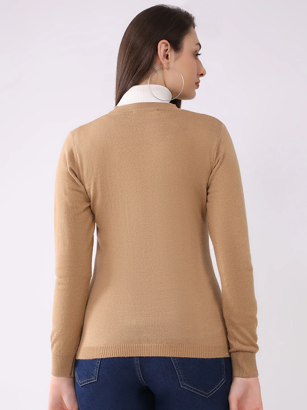 Women Khaki Solid V Neck Full Sleeve Cardigan - Image 5