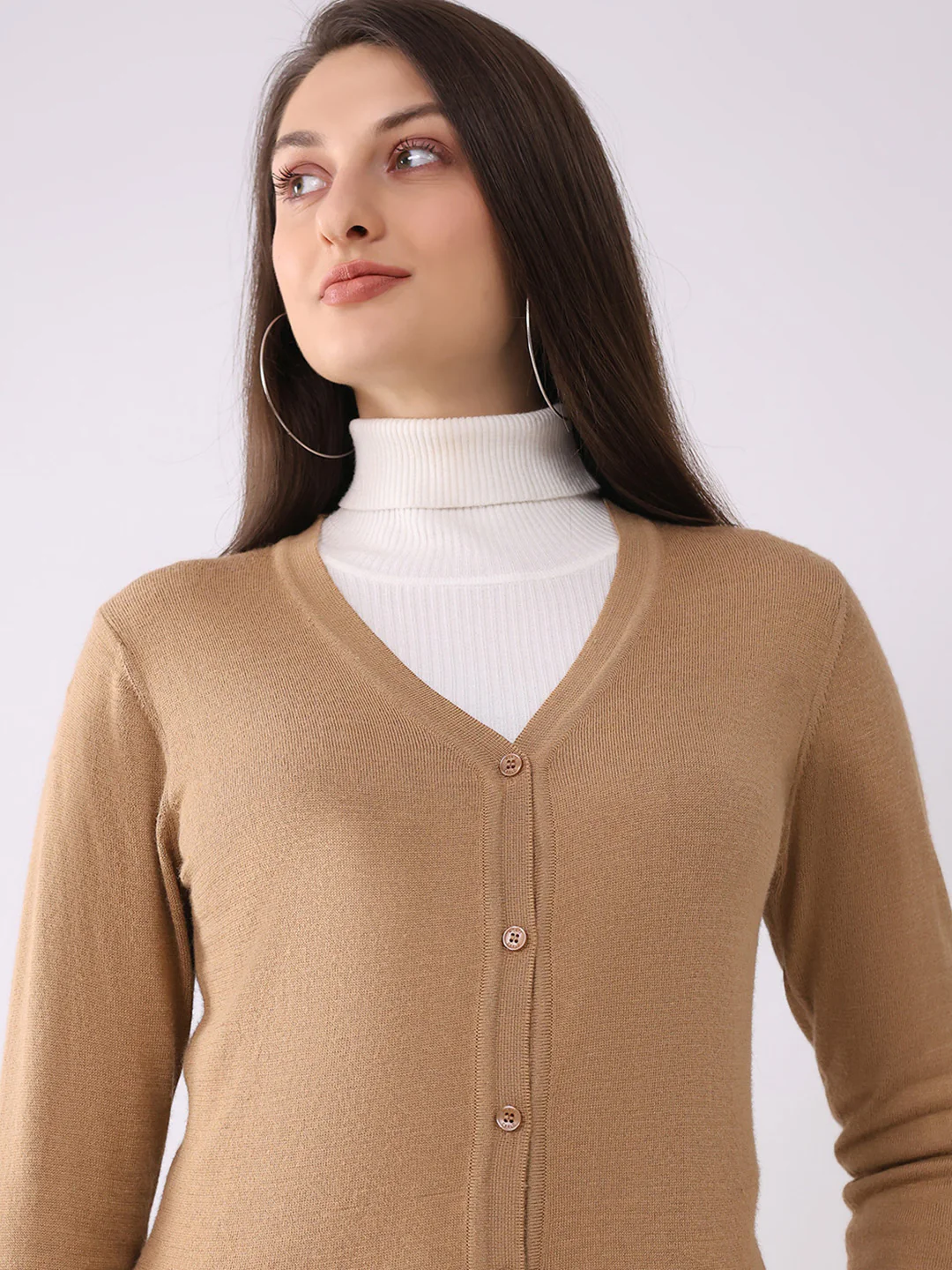 Women Khaki Solid V Neck Full Sleeve Cardigan - Image 6