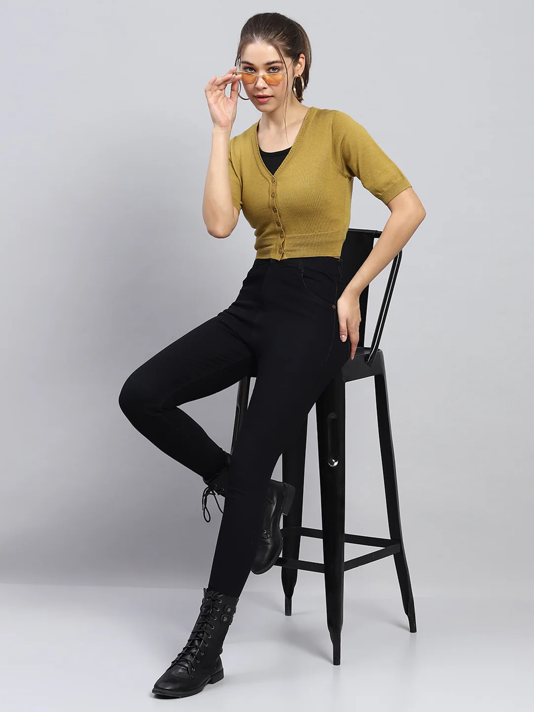 Women Khaki Solid V Neck Half Sleeve Blouse - Image 2