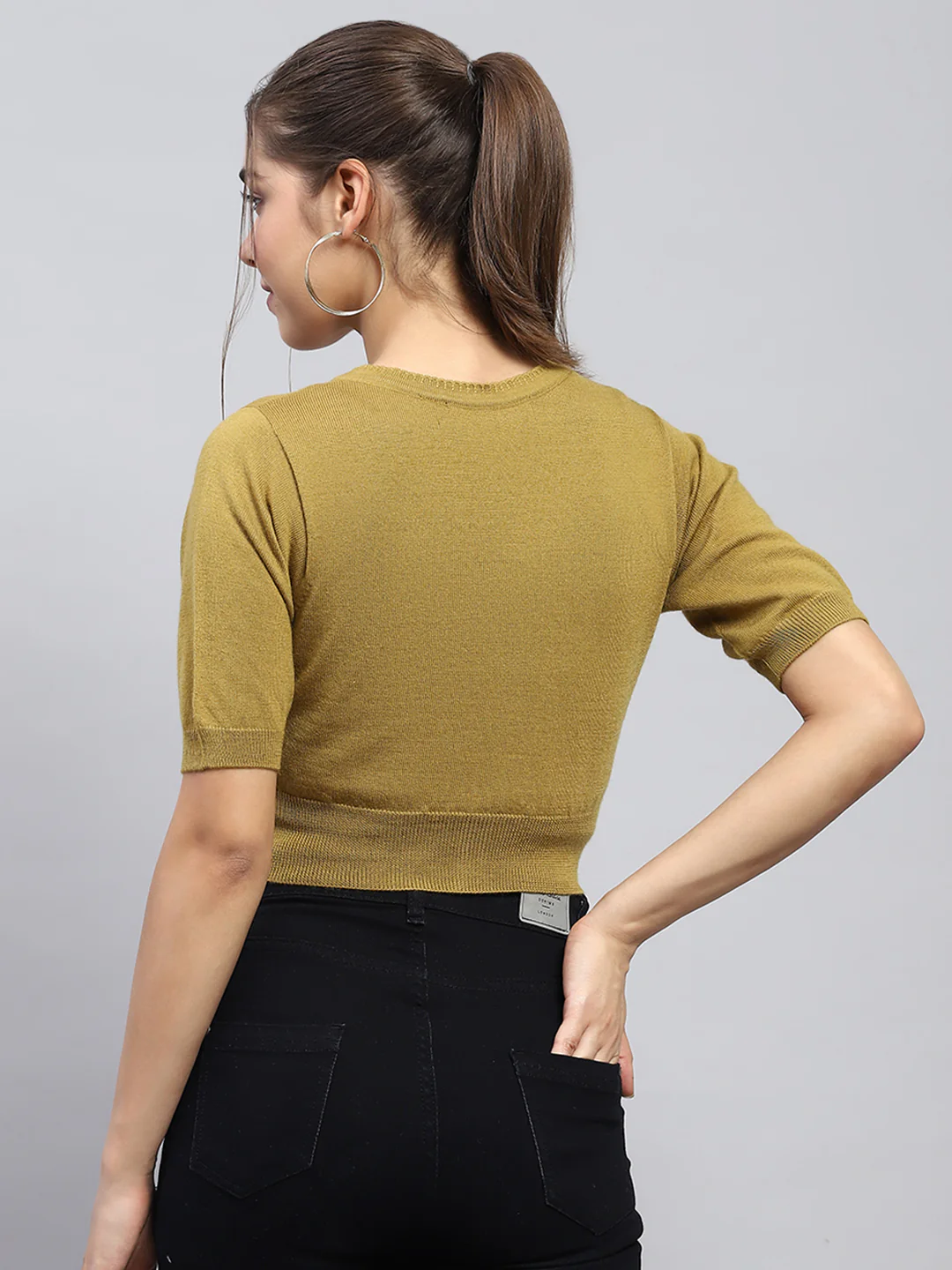 Women Khaki Solid V Neck Half Sleeve Blouse - Image 5