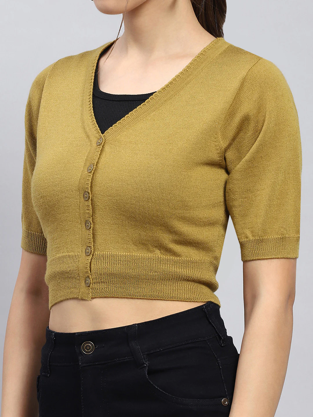 Women Khaki Solid V Neck Half Sleeve Blouse - Image 6