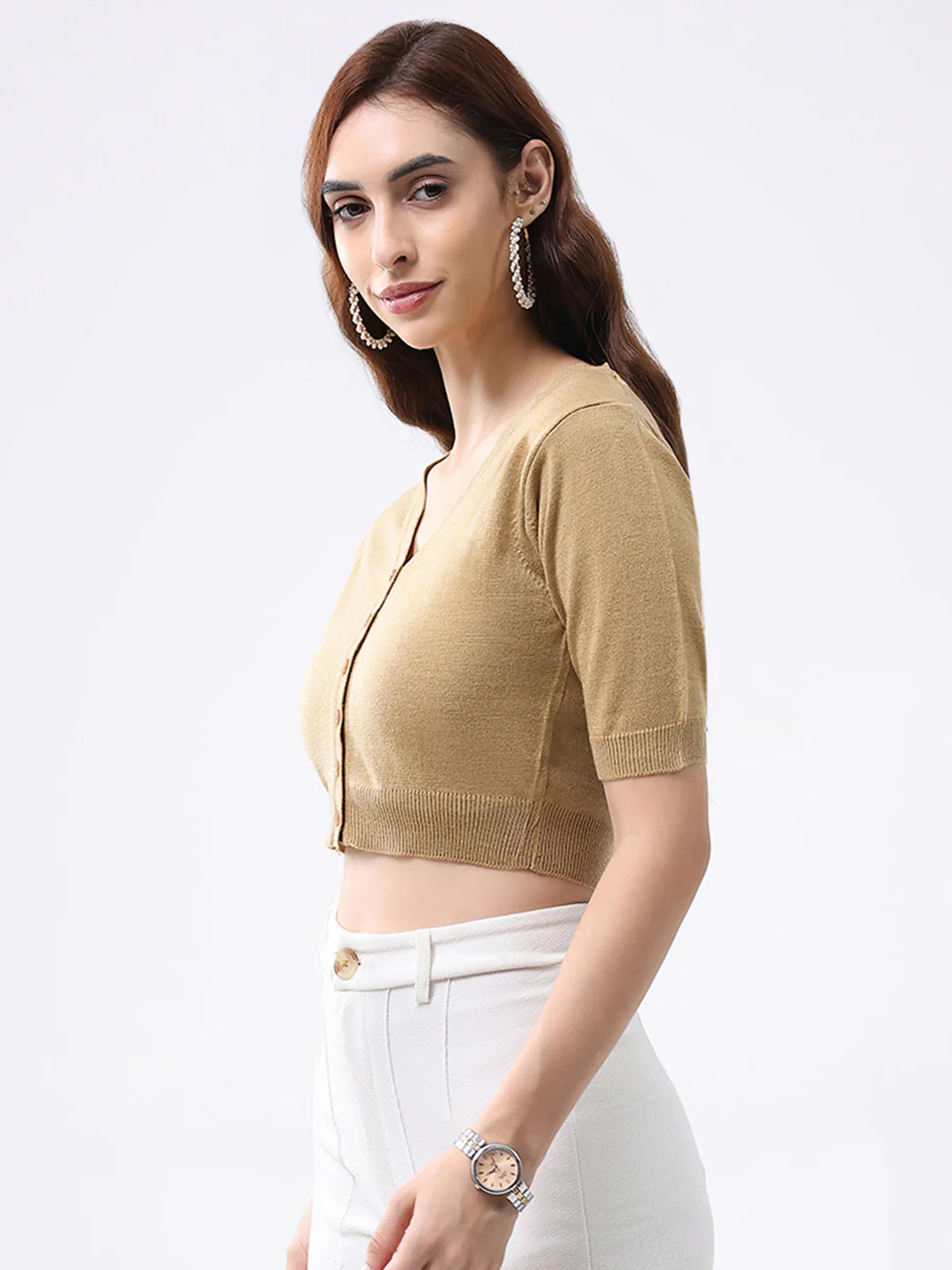 Women Khaki Solid V Neck Half Sleeve Cardigan - Image 3