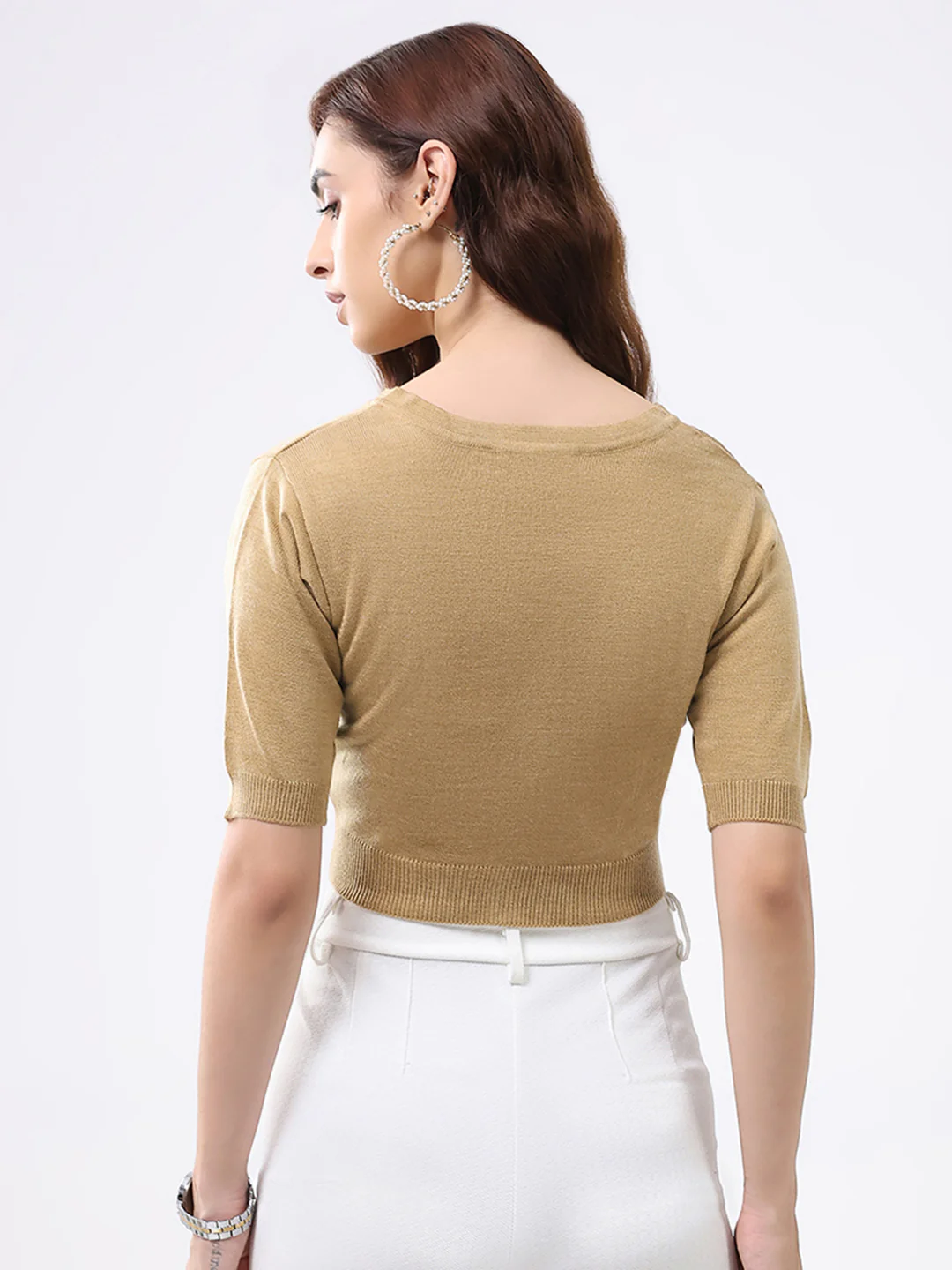 Women Khaki Solid V Neck Half Sleeve Cardigan - Image 5