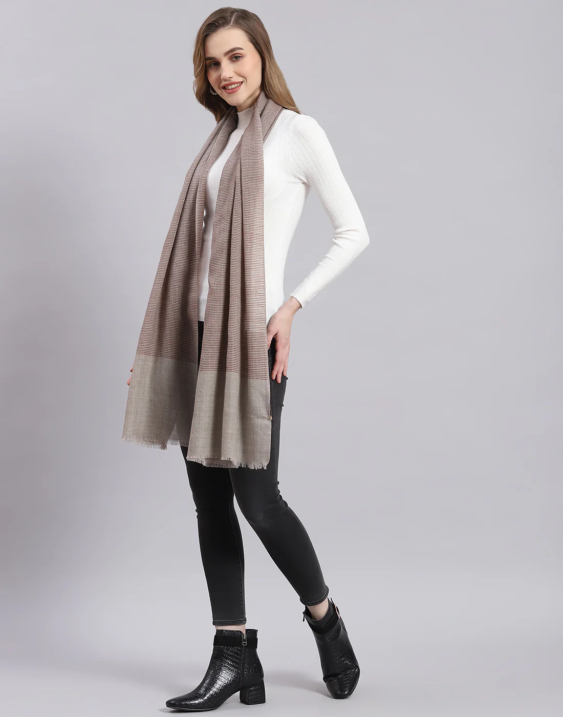 Women Khaki Stripe Stole - Image 4