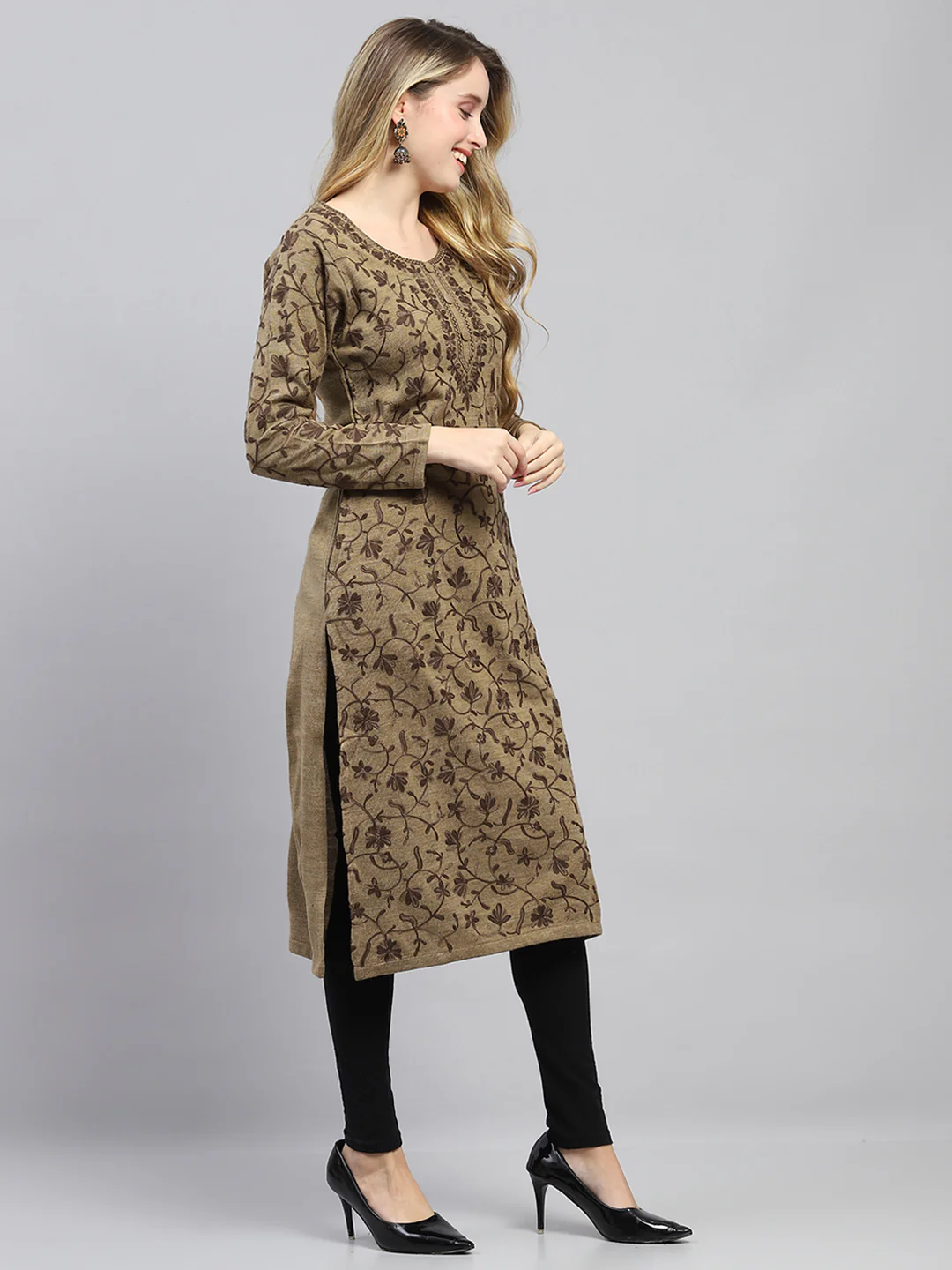 Women Beige Woven Design Round Neck Full Sleeve Winter Kurti - Image 4