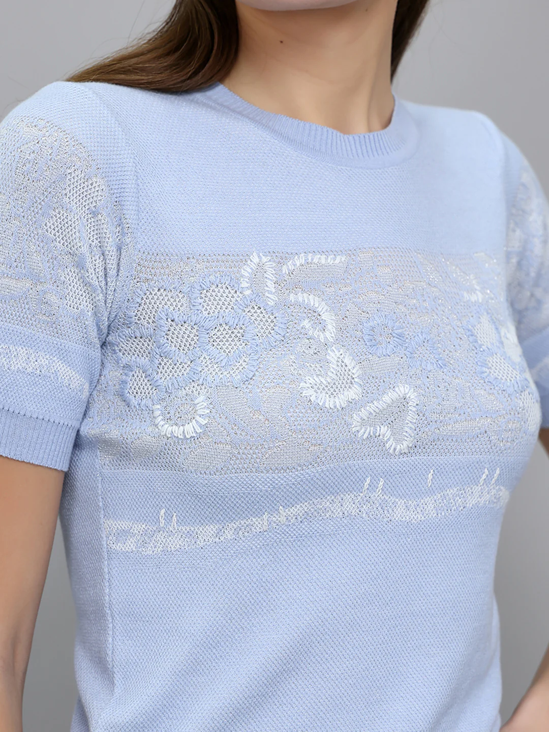 Women Light Blue Jacquard Round Neck Half Sleeve Top - Image 5