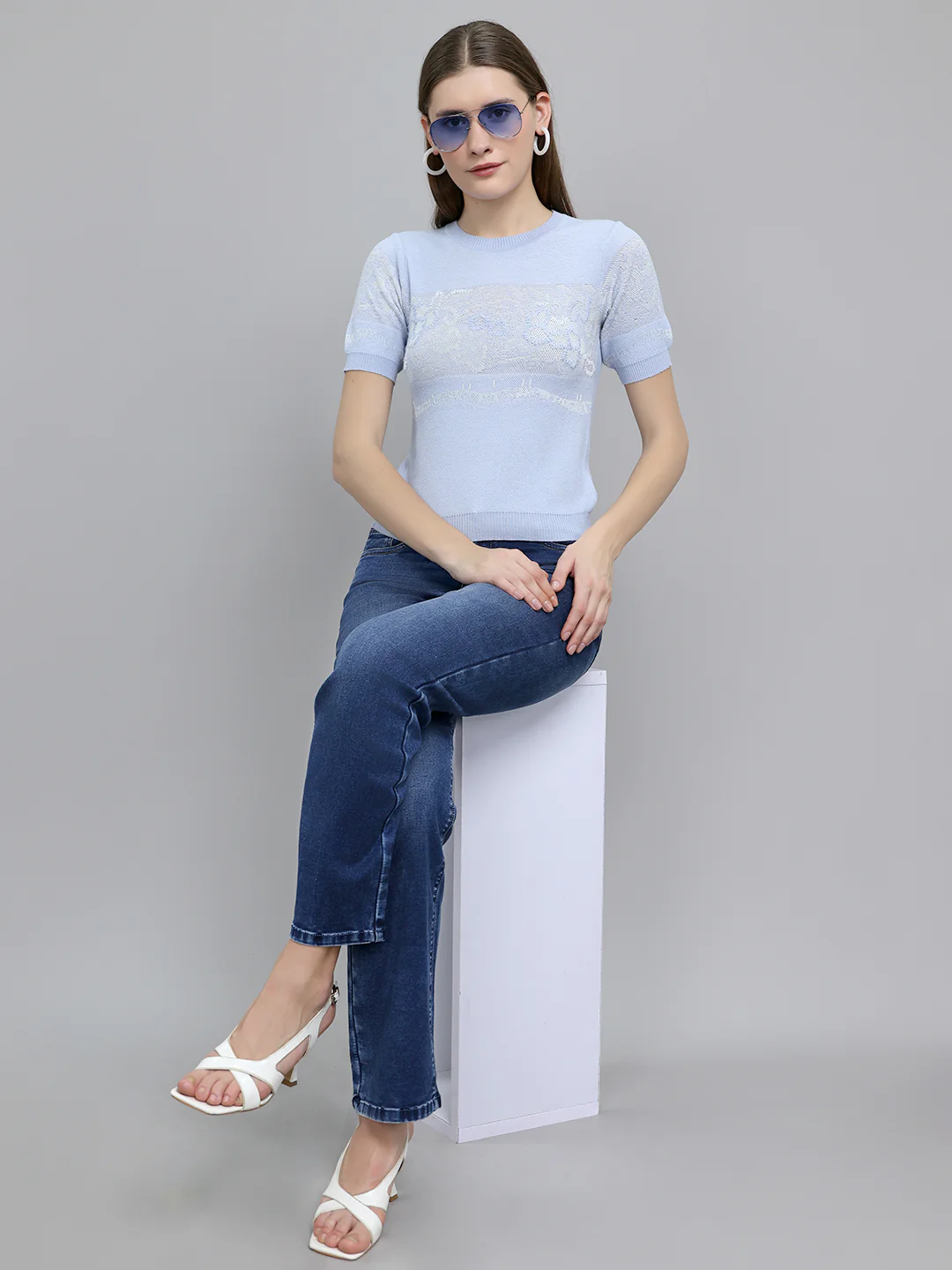 Women Light Blue Jacquard Round Neck Half Sleeve Top - Image 7