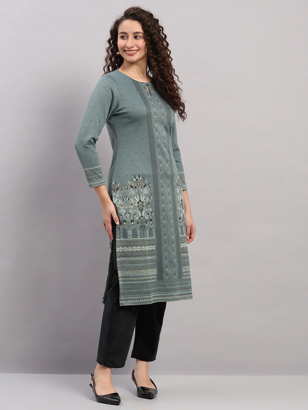 Women Light Blue Printed Round Neck Full Sleeve Winter Kurti - Image 4