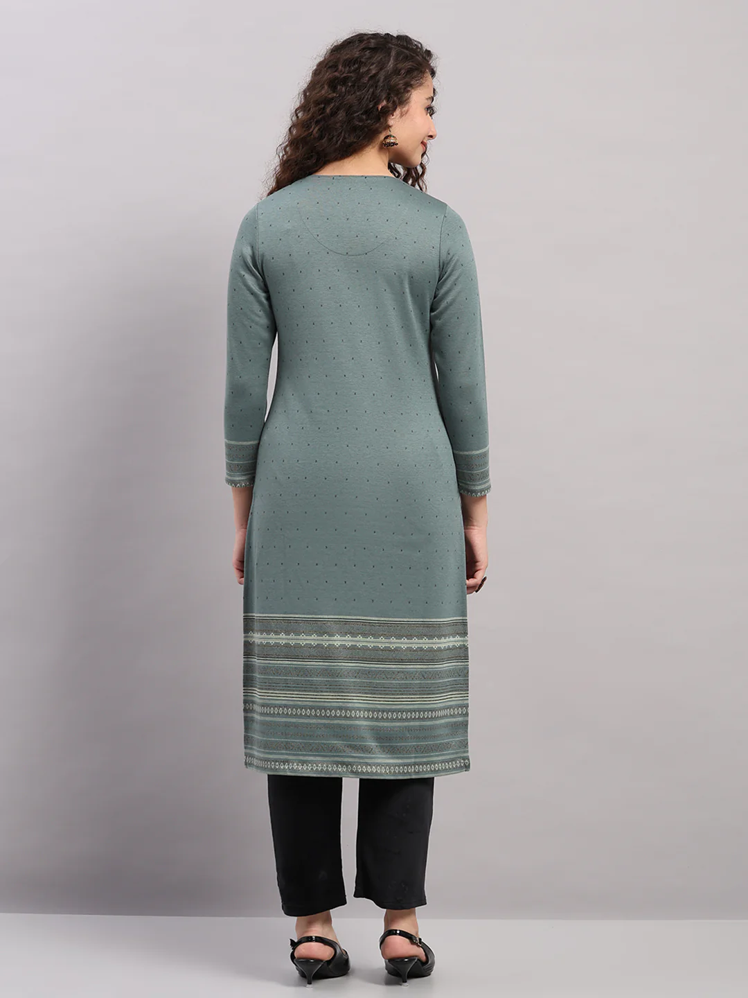 Women Light Blue Printed Round Neck Full Sleeve Winter Kurti - Image 5