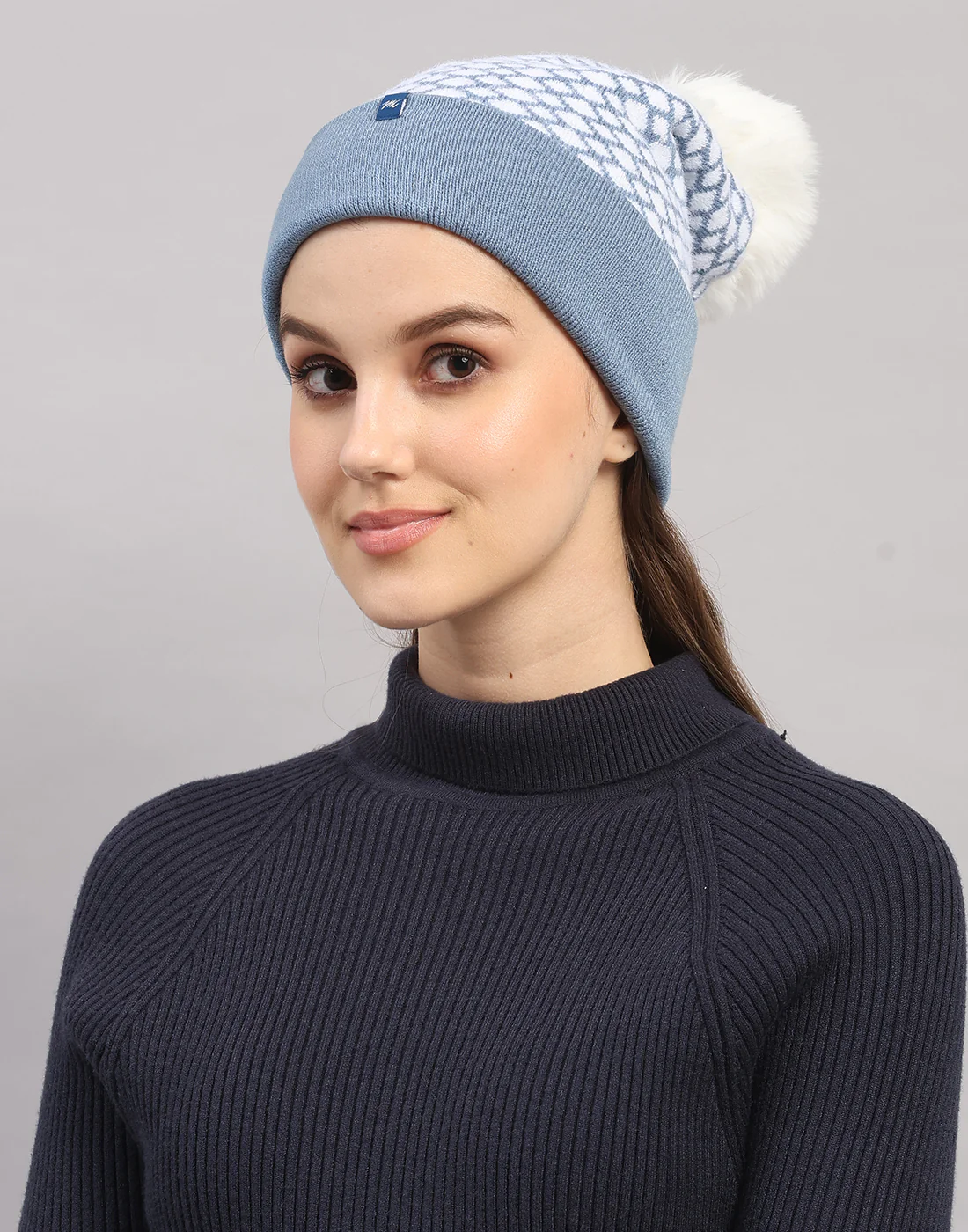 Women Light Blue Self Design Blend Wool Cap - Image 3