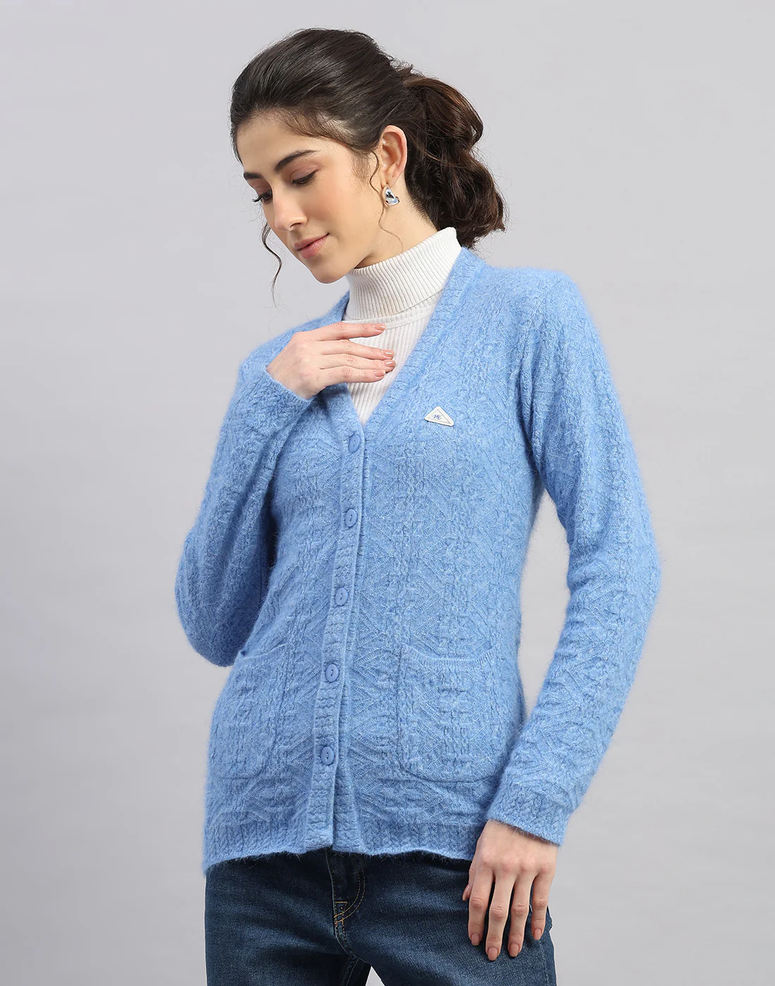 Women Light Blue Self Design V Neck Full Sleeve Cardigan - Image 2