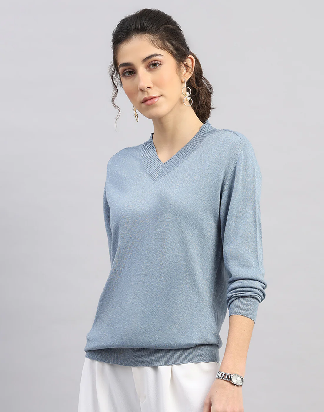 Women Light Blue Self Design V Neck Full Sleeve Winter Top - Image 2