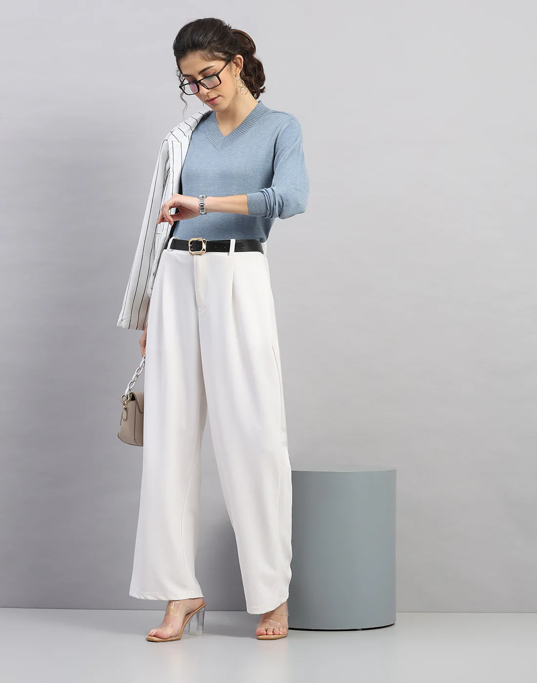 Women Light Blue Self Design V Neck Full Sleeve Winter Top - Image 5